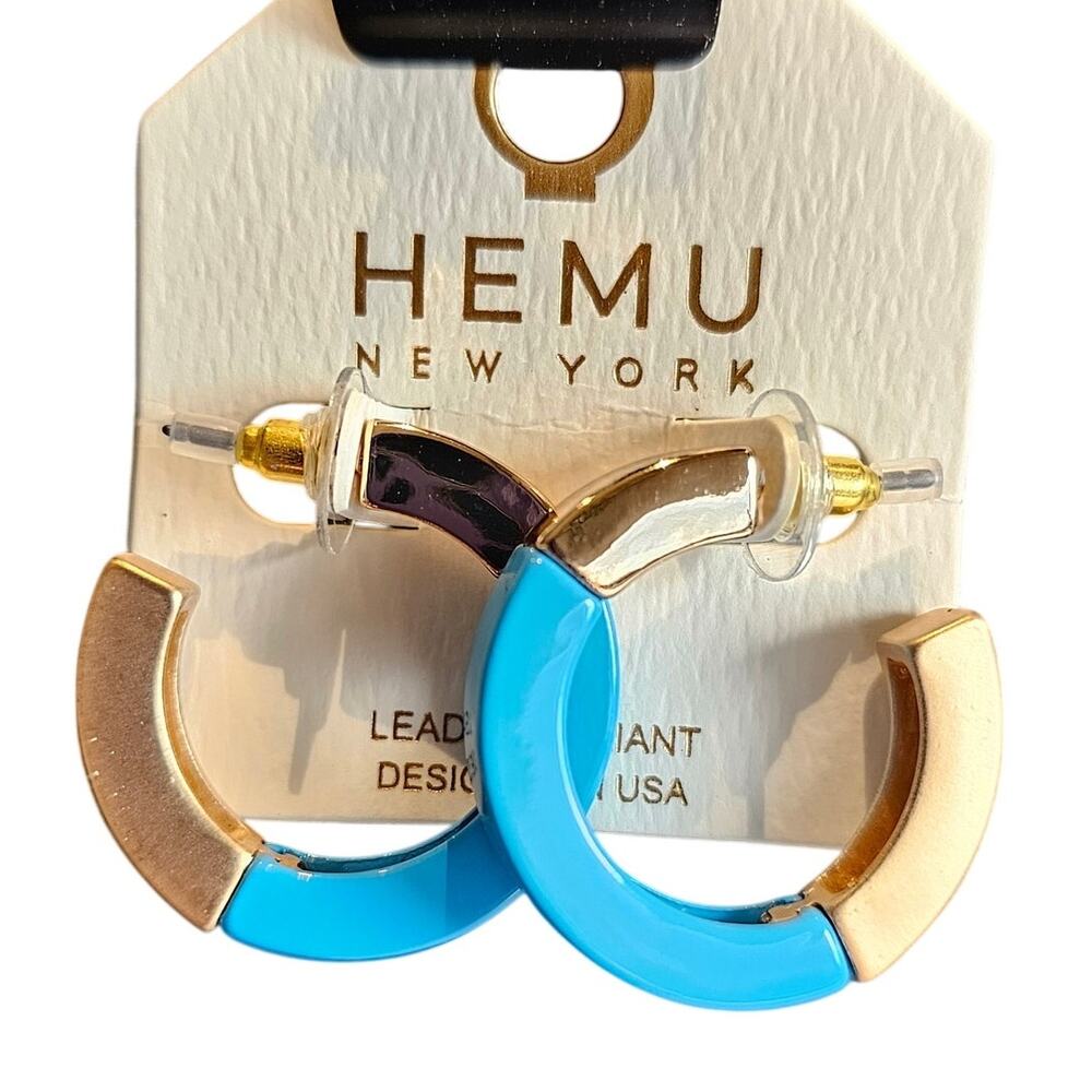 Hoop Earrings Blue, Gold Tone Chunky Acrylic 1.19" HEMU New York w/ Gift Bag